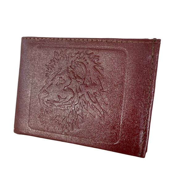 Men’s Red Leather Wallet with Lion Embossed Design Bi-Fold ID Holder - Picture 1 of 6